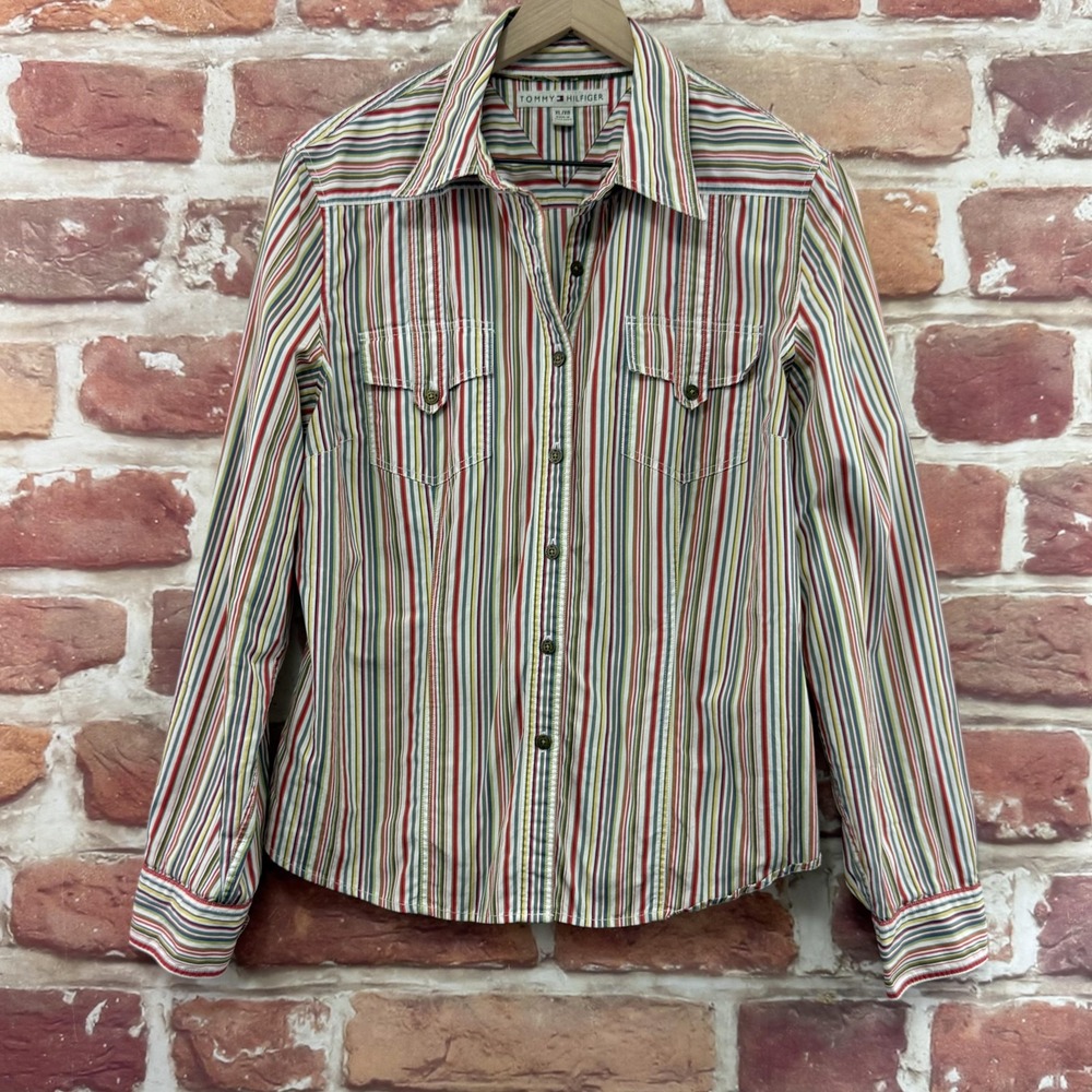 Vintage Tommy Hilfiger Top Women's XL Multicolor Striped Button Up Casual Shirt